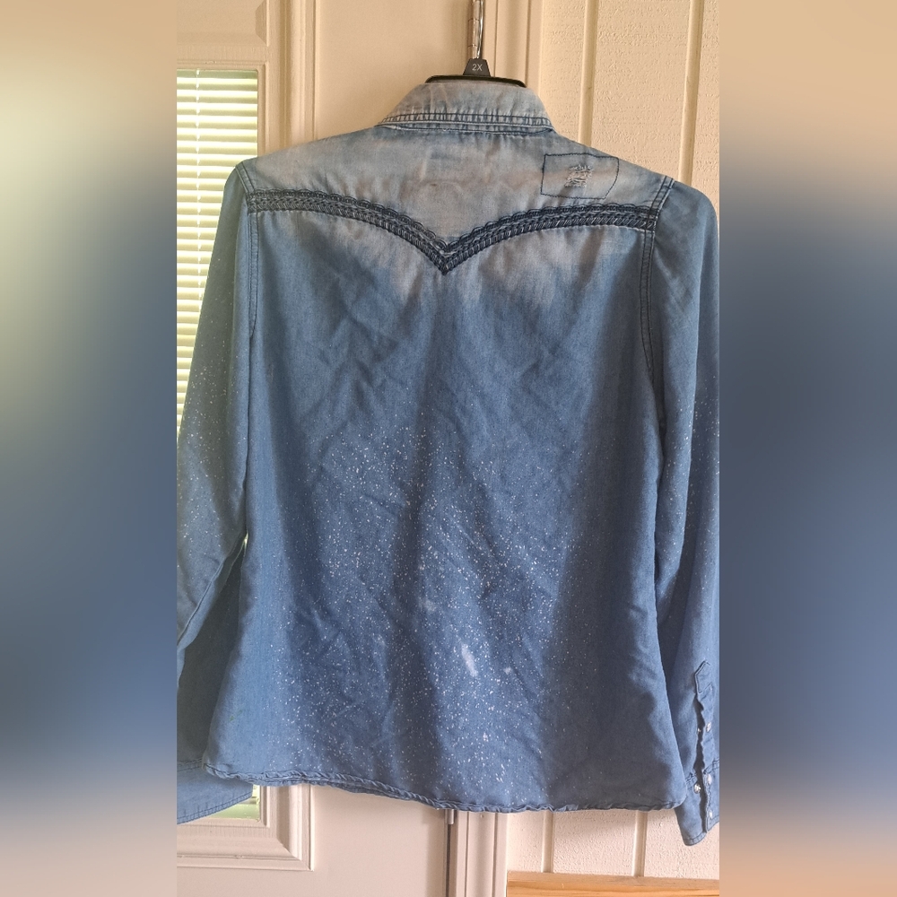 ROAR Distressed Western Cowgirl Blue Embroidered Rhinestone Shirt "Read" XL - Picture 4 of 15